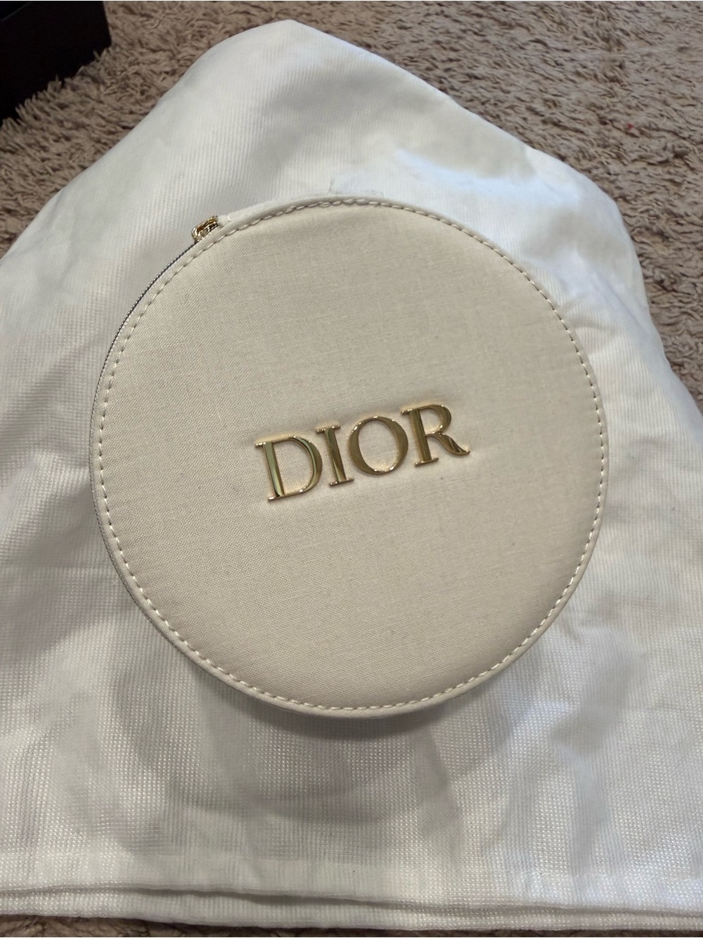Dior Ivory Round Cosmetic Case with Gold Logo